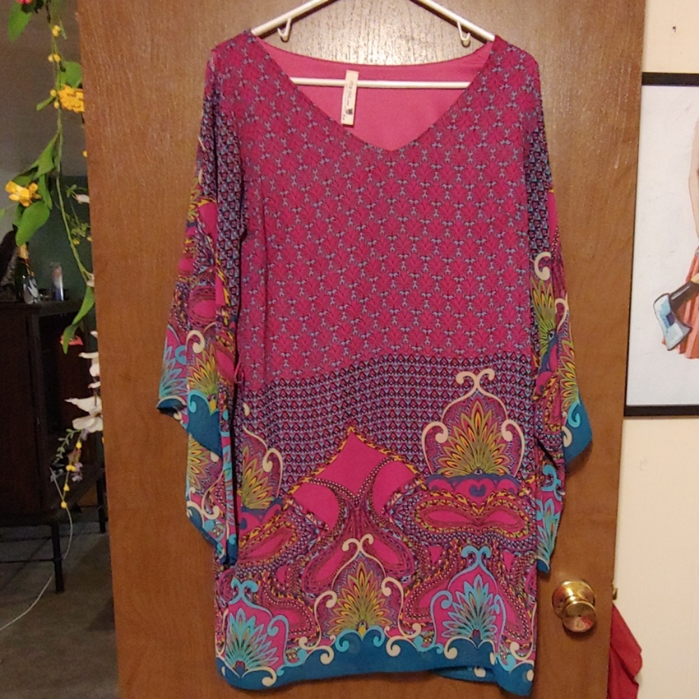 Size L Pink Owl Free Flowing Boho Shift Dress